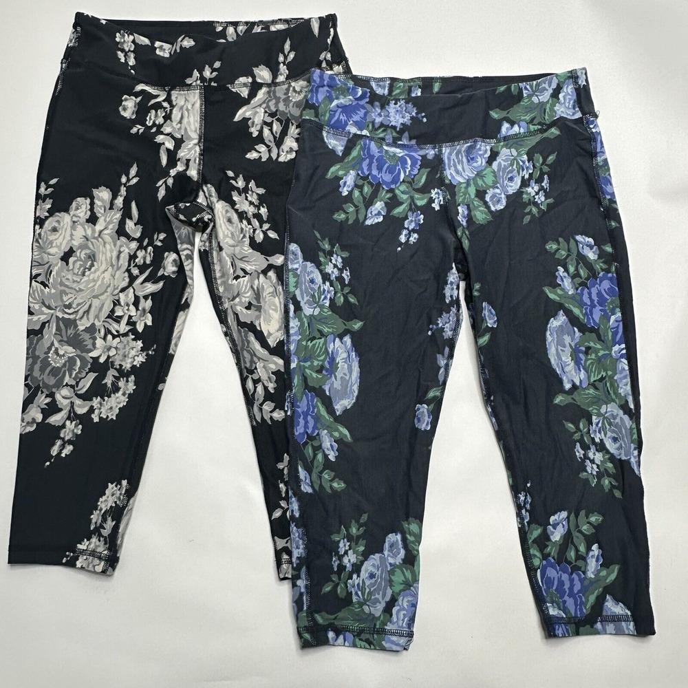 Lot Of 2 Albion Fit Floral Cropped Leggings Size M Medium Navy Black Athletic
